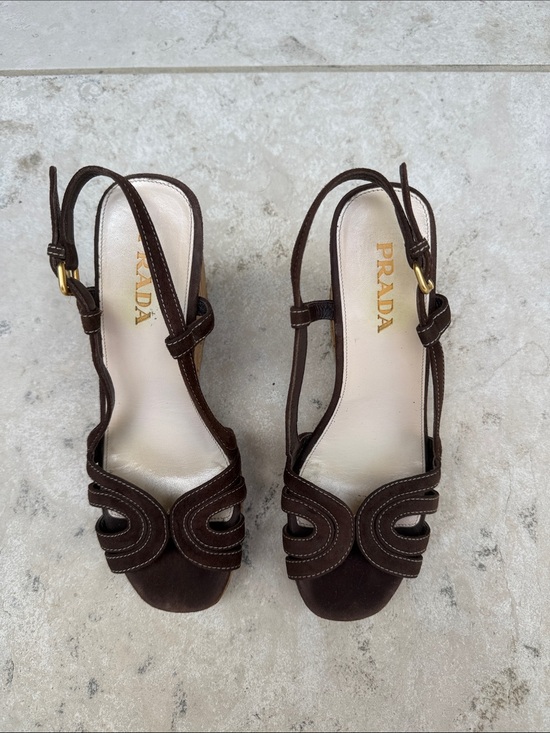 Prada Shoes - Prada Dark Brown Suede Slingback Heels with Gold Buckles